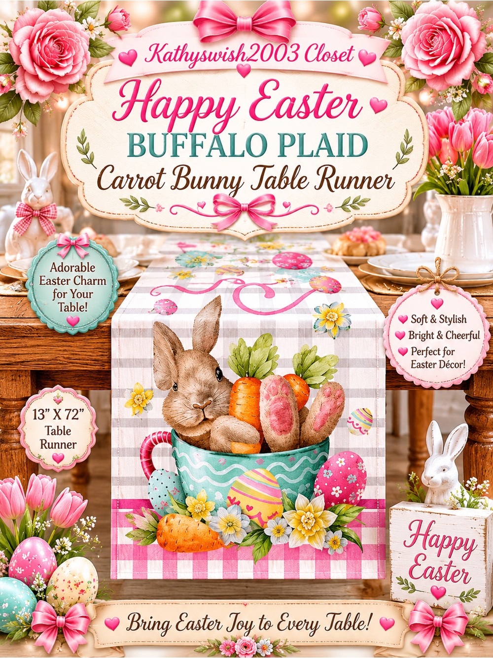 Happy Easter Buffalo Plaid Carrot Bunny Table Runner